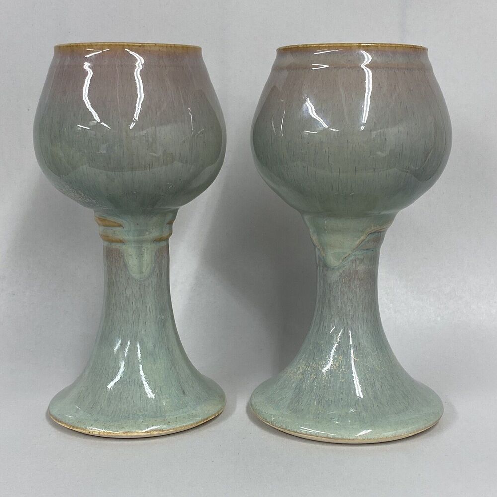 Studio Art Pottery Wine Goblets Handmade Set of 2 Blues Purples Glasses Glazed